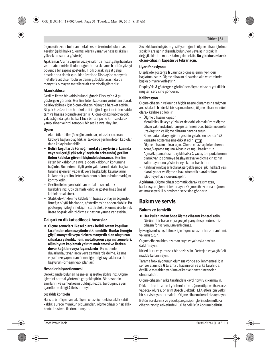 Bak m ve servis | Bosch GMS 100 M Professional User Manual | Page 51 / 130