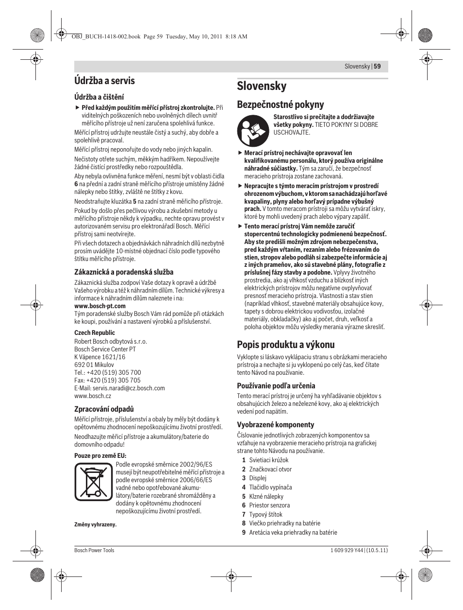 Slovensky, Údržba a servis, Bezpečnostné pokyny | Popis produktu a výkonu | Bosch GMS 100 M Professional User Manual | Page 59 / 130