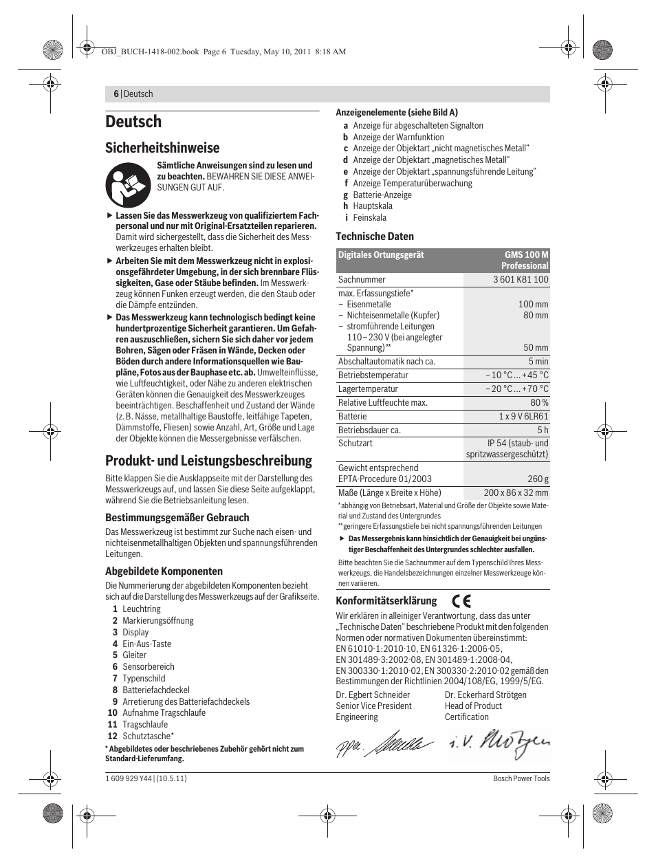 Deutsch, Sicherheitshinweise, Produkt- und leistungsbeschreibung | Bosch GMS 100 M Professional User Manual | Page 6 / 130