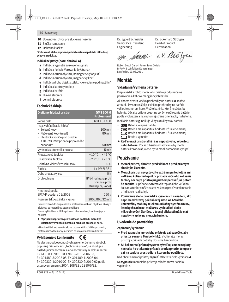 Montáž, Používanie | Bosch GMS 100 M Professional User Manual | Page 60 / 130