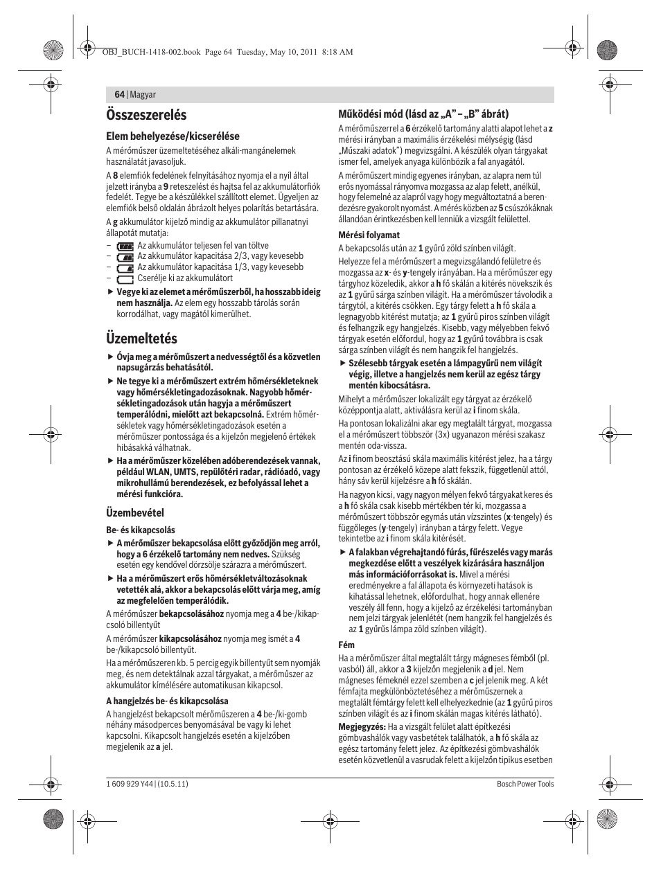 Összeszerelés, Üzemeltetés | Bosch GMS 100 M Professional User Manual | Page 64 / 130