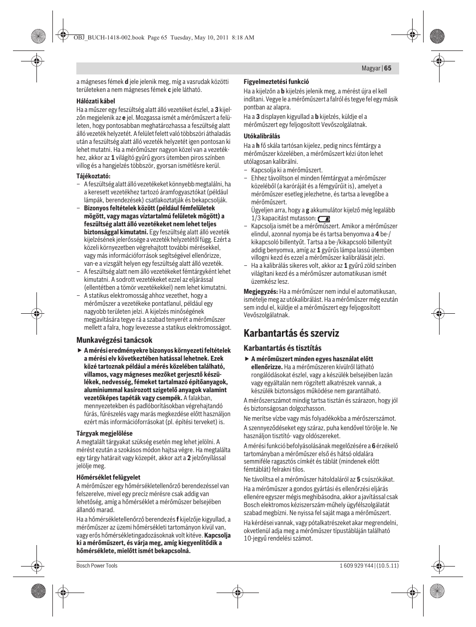 Karbantartás és szerviz | Bosch GMS 100 M Professional User Manual | Page 65 / 130