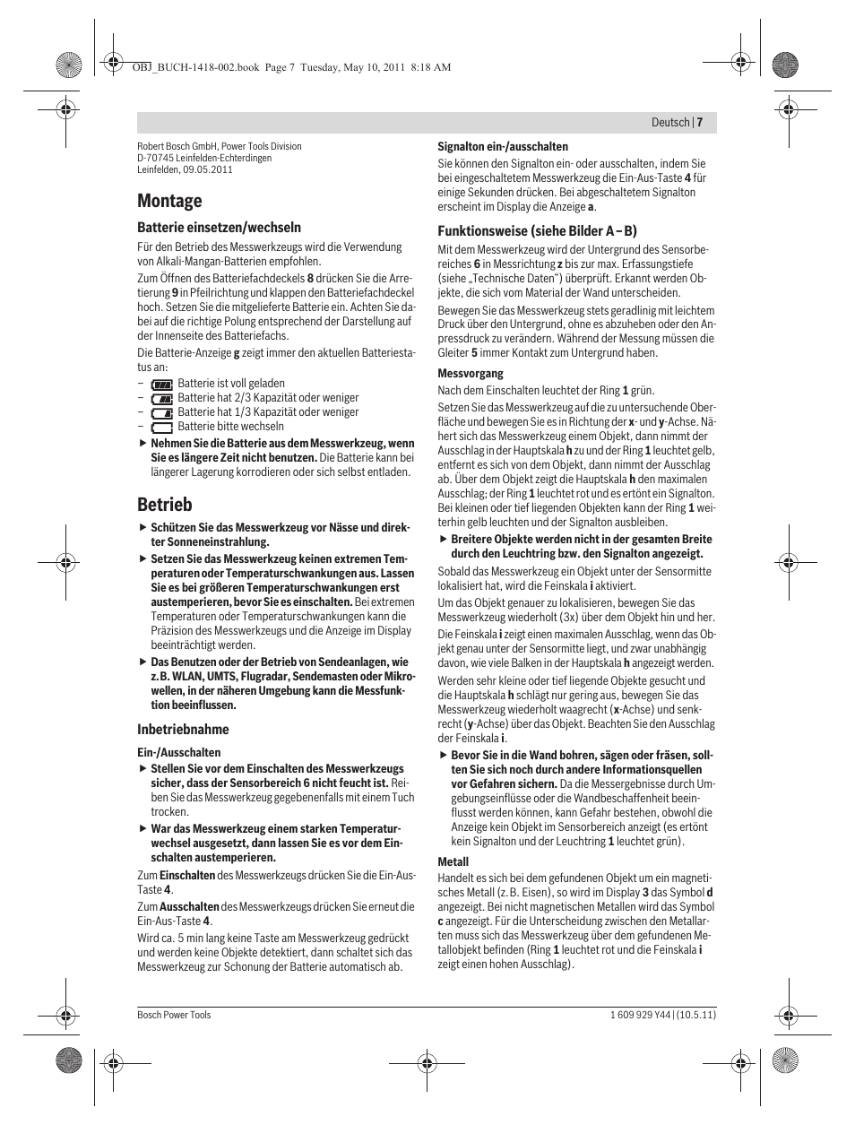 Montage, Betrieb | Bosch GMS 100 M Professional User Manual | Page 7 / 130