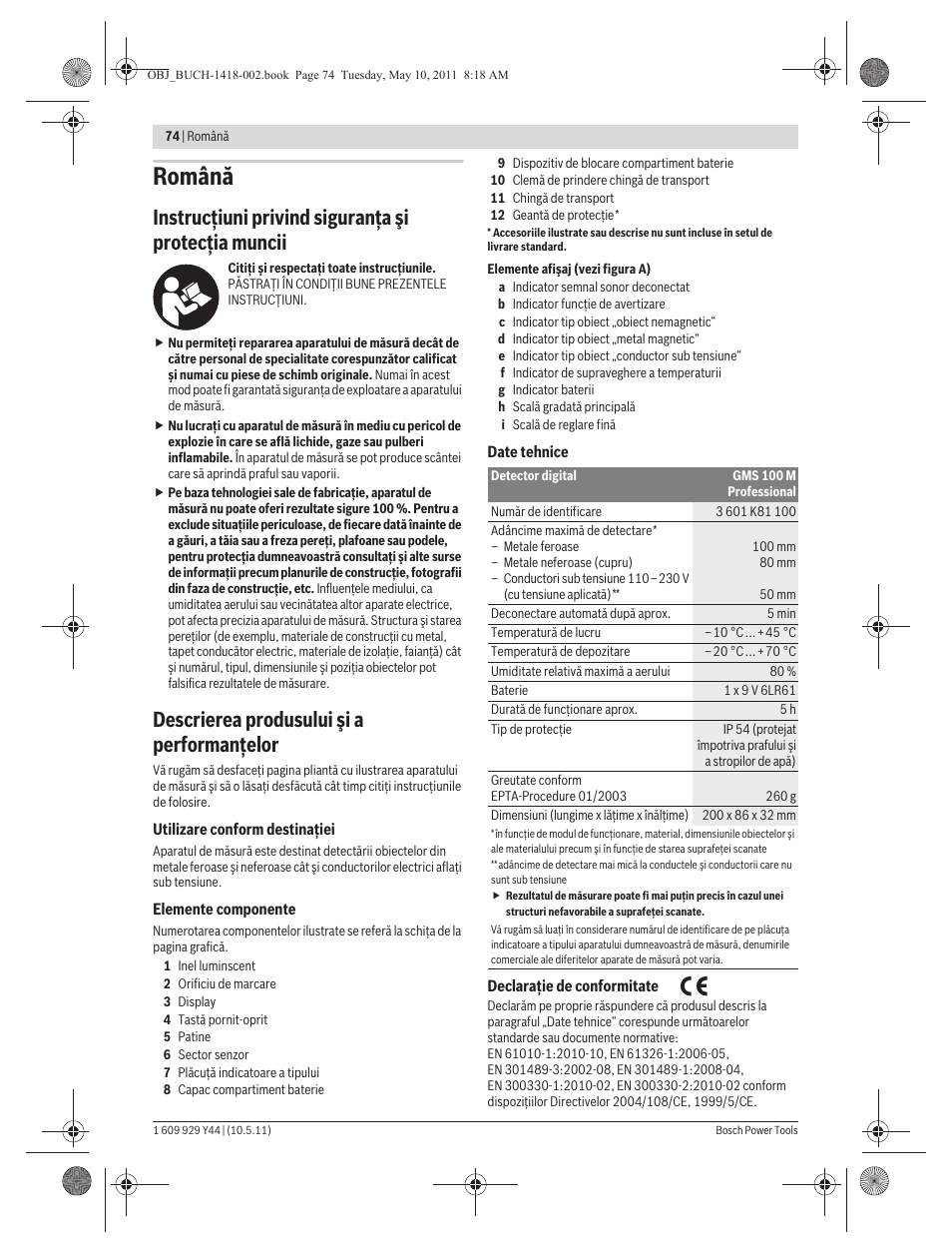 Română, Instrucţiuni privind siguranţa şi protecţia muncii, Descrierea produsului şi a performanţelor | Bosch GMS 100 M Professional User Manual | Page 74 / 130