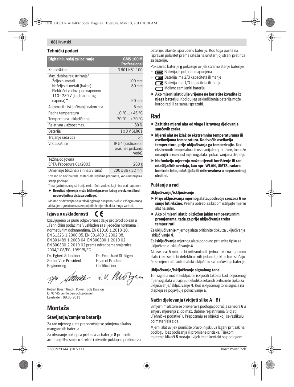 Montaža | Bosch GMS 100 M Professional User Manual | Page 88 / 130