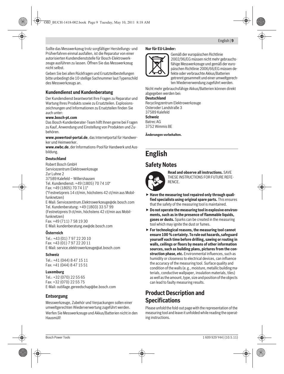 English, Product description and specifications | Bosch GMS 100 M Professional User Manual | Page 9 / 130