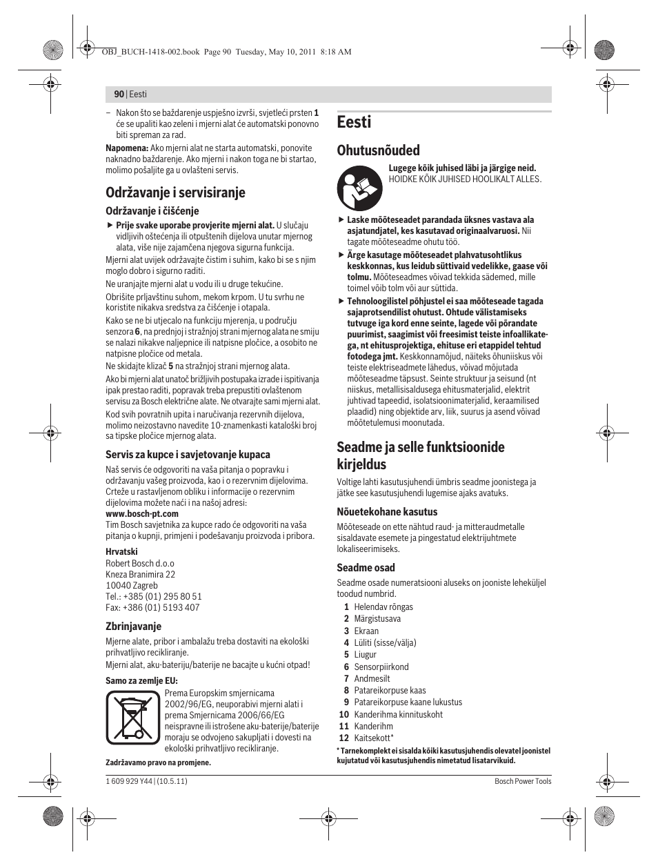 Eesti, Održavanje i servisiranje, Ohutusnõuded | Seadme ja selle funktsioonide kirjeldus | Bosch GMS 100 M Professional User Manual | Page 90 / 130