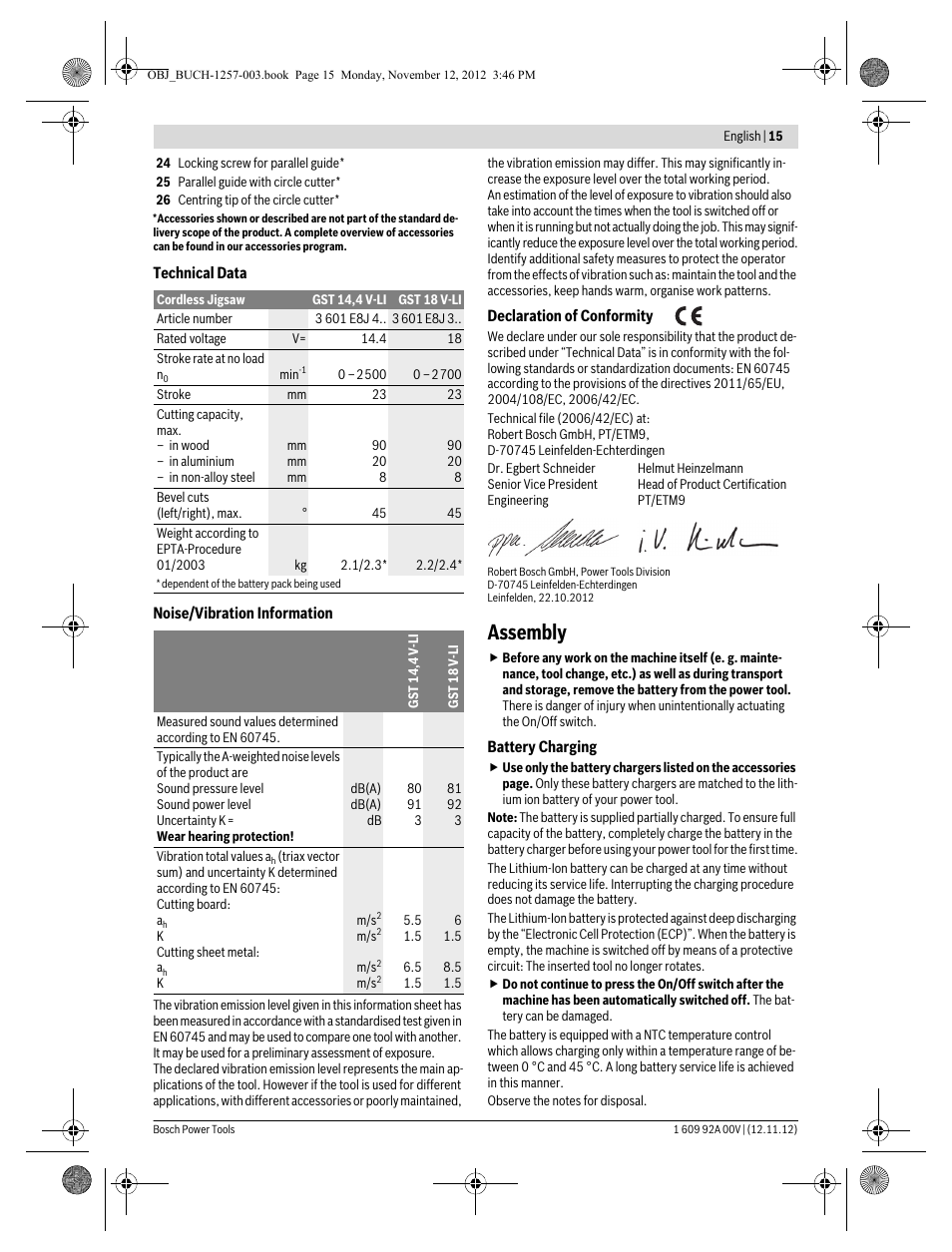 Assembly | Bosch GST 18 V-LI Professional User Manual | Page 15 / 206