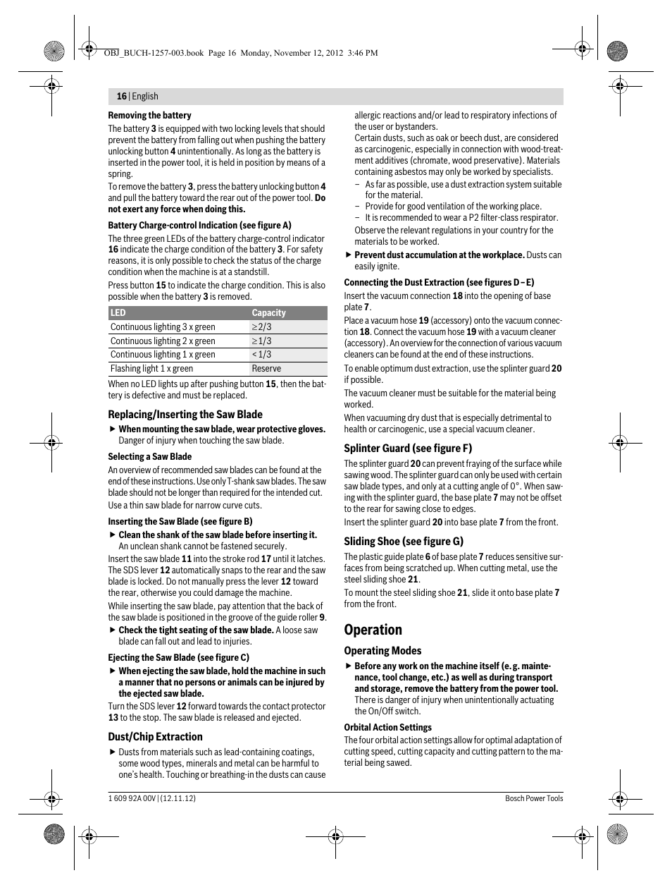 Operation | Bosch GST 18 V-LI Professional User Manual | Page 16 / 206