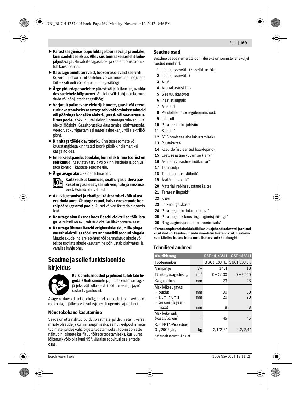 Seadme ja selle funktsioonide kirjeldus | Bosch GST 18 V-LI Professional User Manual | Page 169 / 206