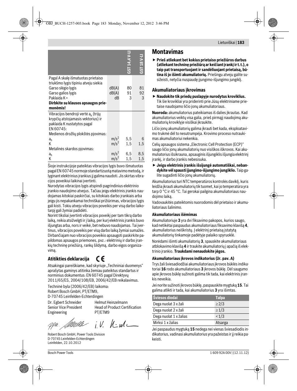 Montavimas | Bosch GST 18 V-LI Professional User Manual | Page 183 / 206