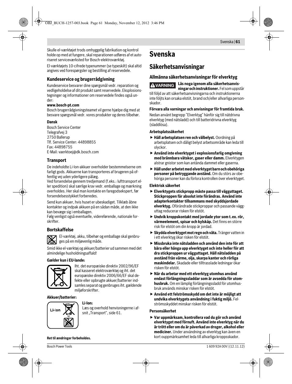 Svenska, Säkerhetsanvisningar | Bosch GST 18 V-LI Professional User Manual | Page 61 / 206