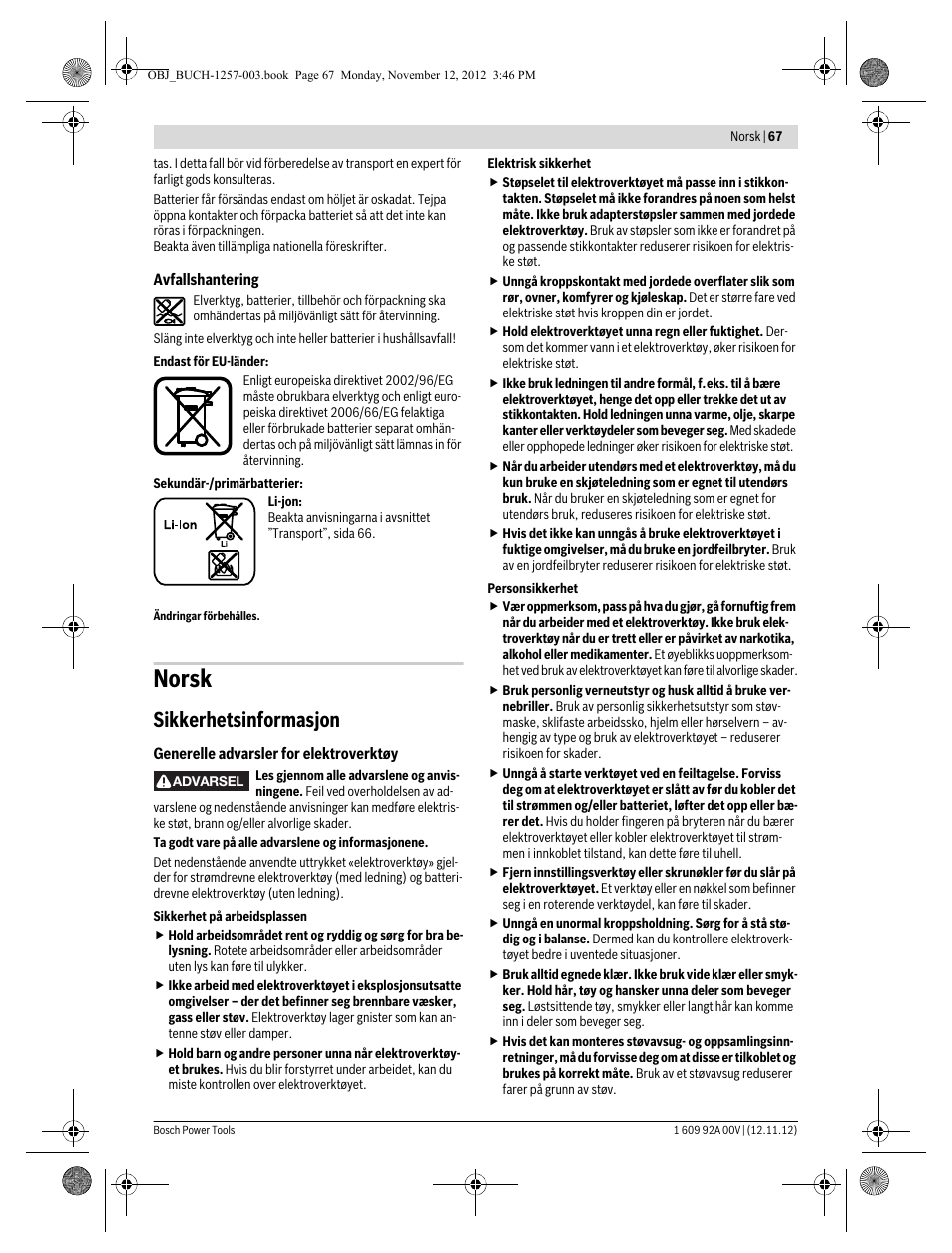 Norsk, Sikkerhetsinformasjon | Bosch GST 18 V-LI Professional User Manual | Page 67 / 206