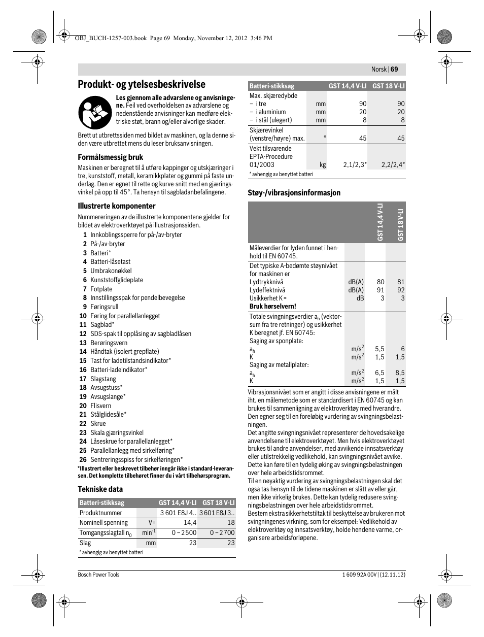 Produkt- og ytelsesbeskrivelse | Bosch GST 18 V-LI Professional User Manual | Page 69 / 206