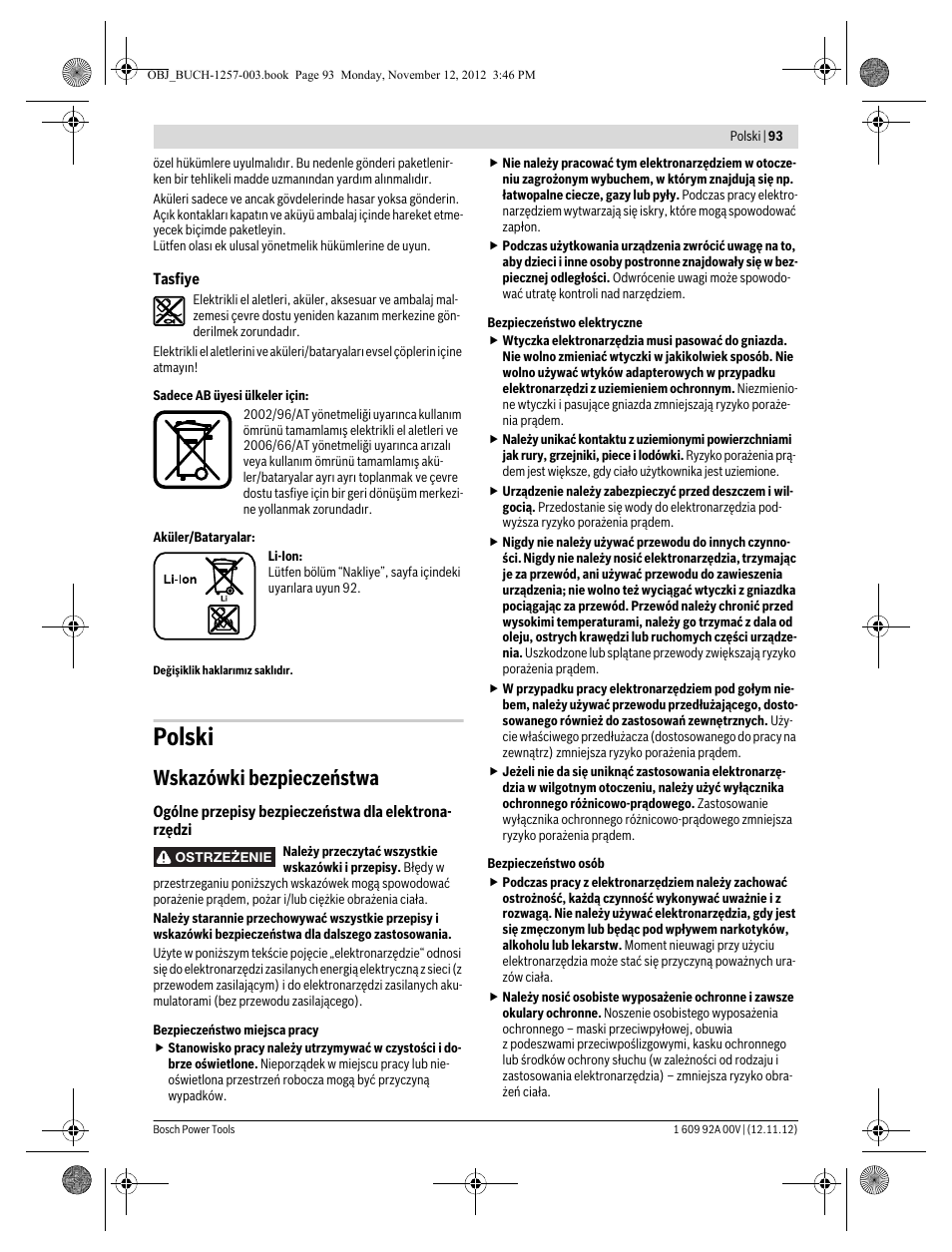 Polski, Wskazówki bezpieczeństwa | Bosch GST 18 V-LI Professional User Manual | Page 93 / 206