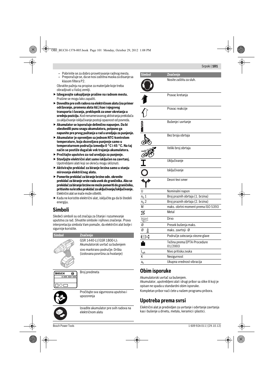 Simboli, Obim isporuke, Upotreba prema svrsi | Bosch GSR 1800-LI Professional User Manual | Page 101 / 141