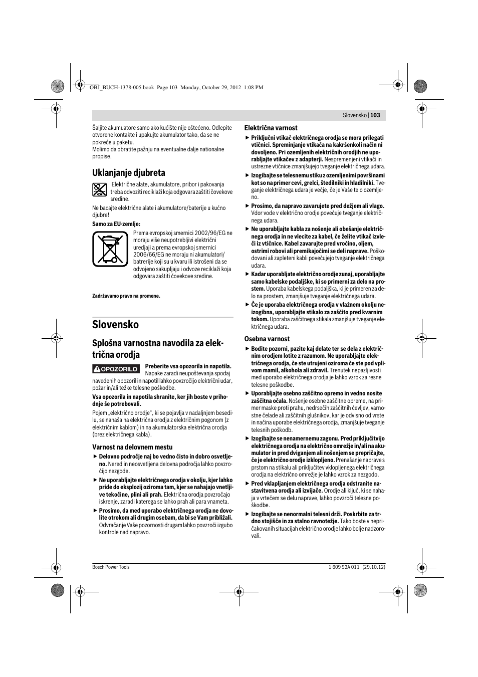 Slovensko, Uklanjanje djubreta, Splošna varnostna navodila za elek- trična orodja | Bosch GSR 1800-LI Professional User Manual | Page 103 / 141