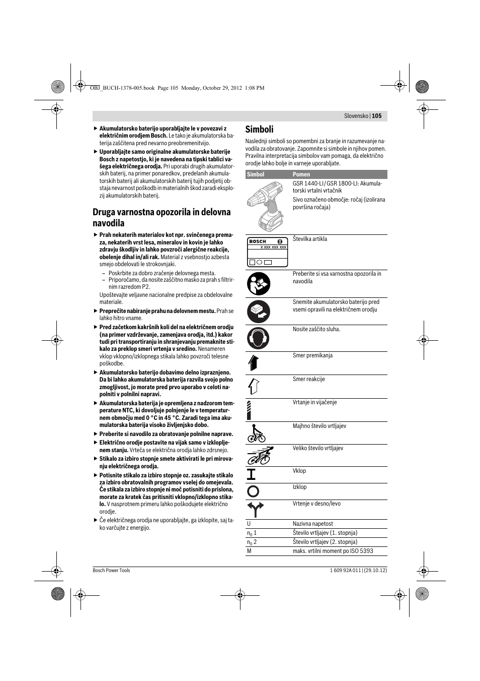 Druga varnostna opozorila in delovna navodila, Simboli | Bosch GSR 1800-LI Professional User Manual | Page 105 / 141