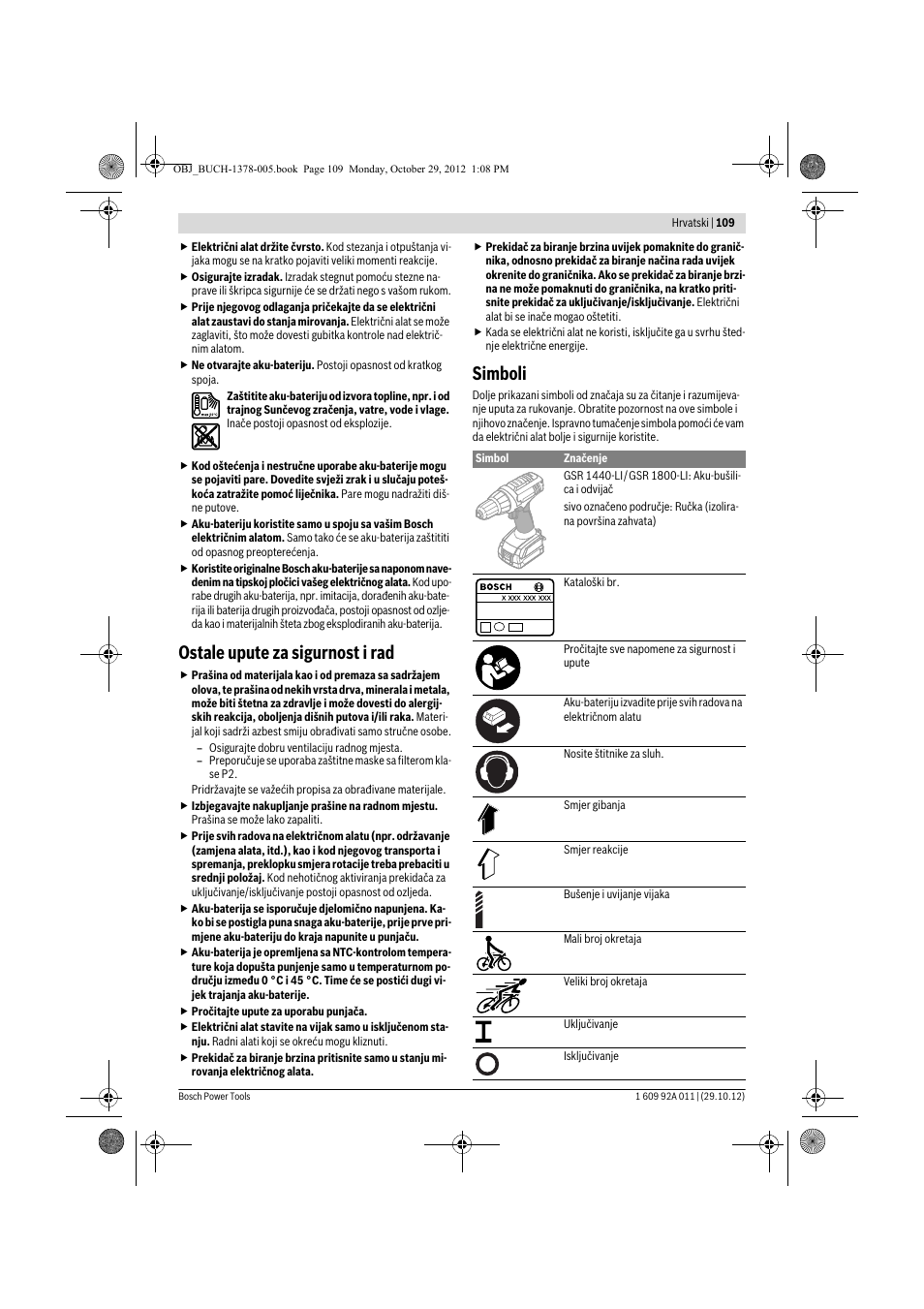 Ostale upute za sigurnost i rad, Simboli | Bosch GSR 1800-LI Professional User Manual | Page 109 / 141