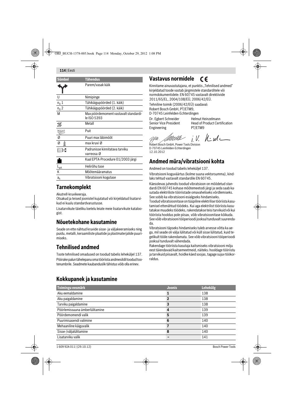 Tarnekomplekt, Nõuetekohane kasutamine, Tehnilised andmed | Vastavus normidele, Andmed müra/vibratsiooni kohta, Kokkupanek ja kasutamine | Bosch GSR 1800-LI Professional User Manual | Page 114 / 141