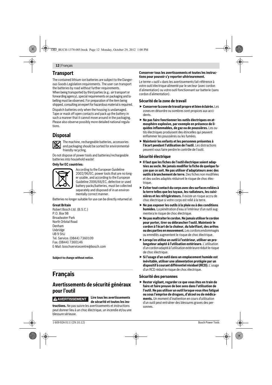 Français, Transport, Disposal | Avertissements de sécurité généraux pour l’outil | Bosch GSR 1800-LI Professional User Manual | Page 12 / 141