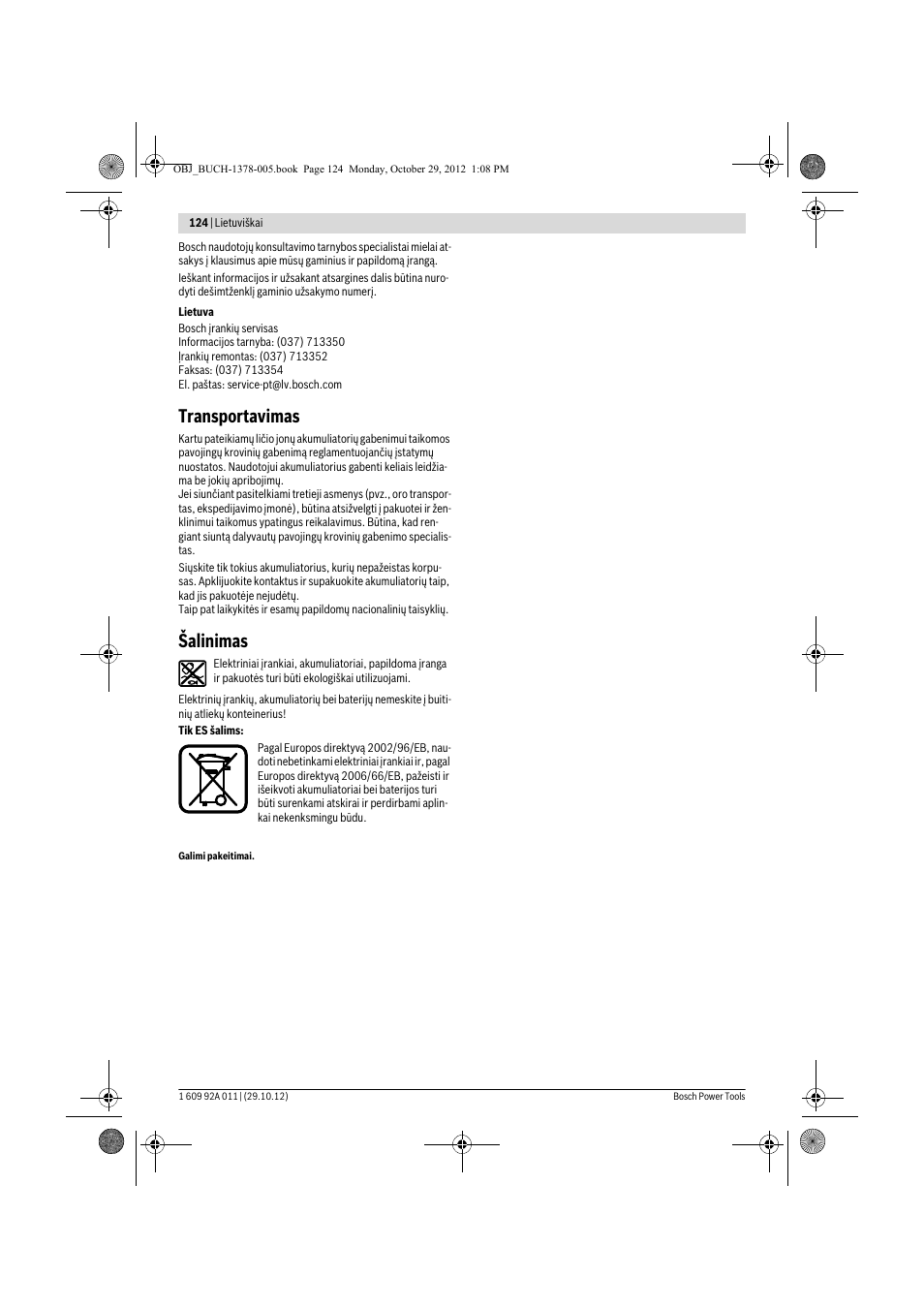 Transportavimas, Šalinimas | Bosch GSR 1800-LI Professional User Manual | Page 124 / 141