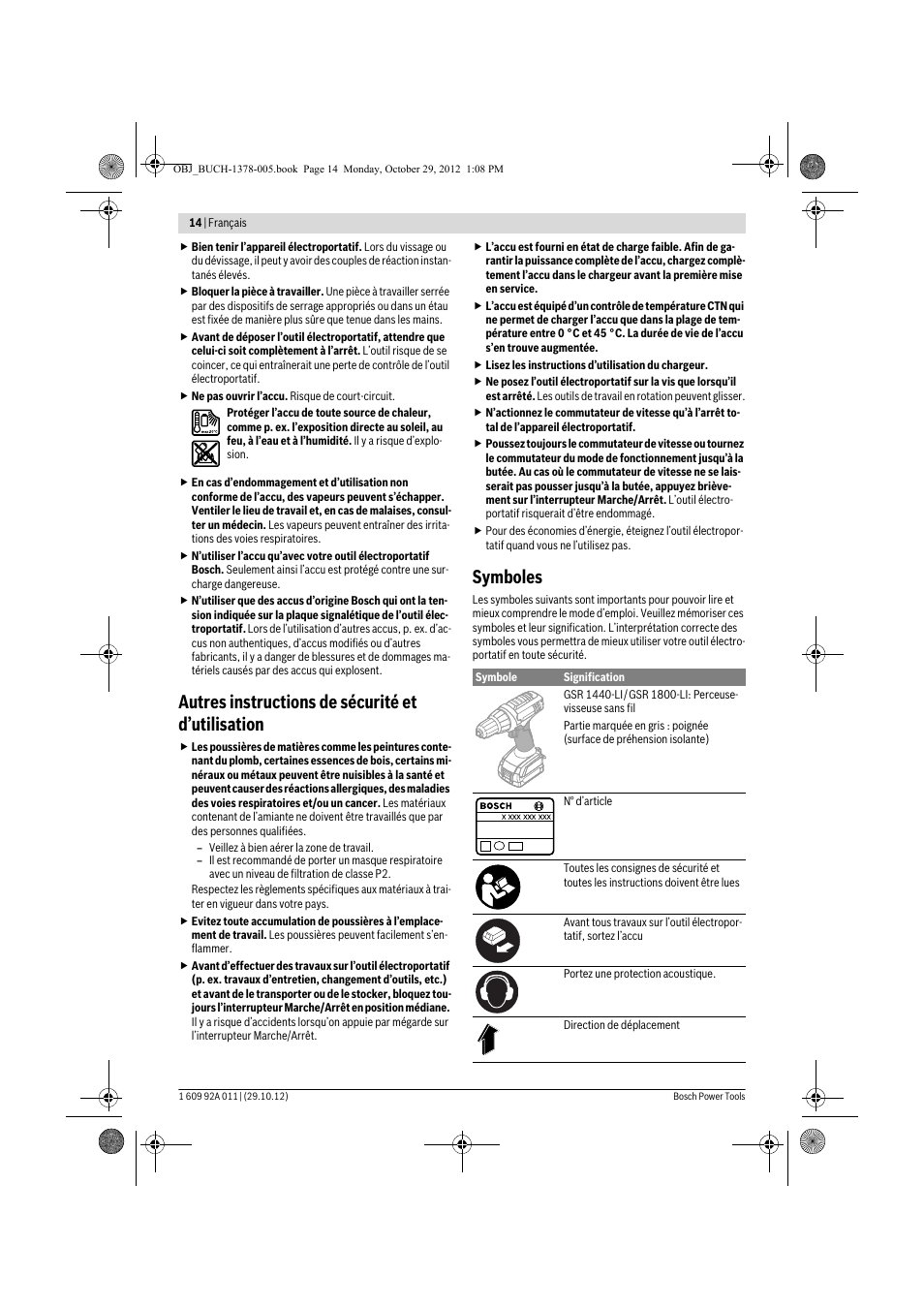 Autres instructions de sécurité et d’utilisation, Symboles | Bosch GSR 1800-LI Professional User Manual | Page 14 / 141