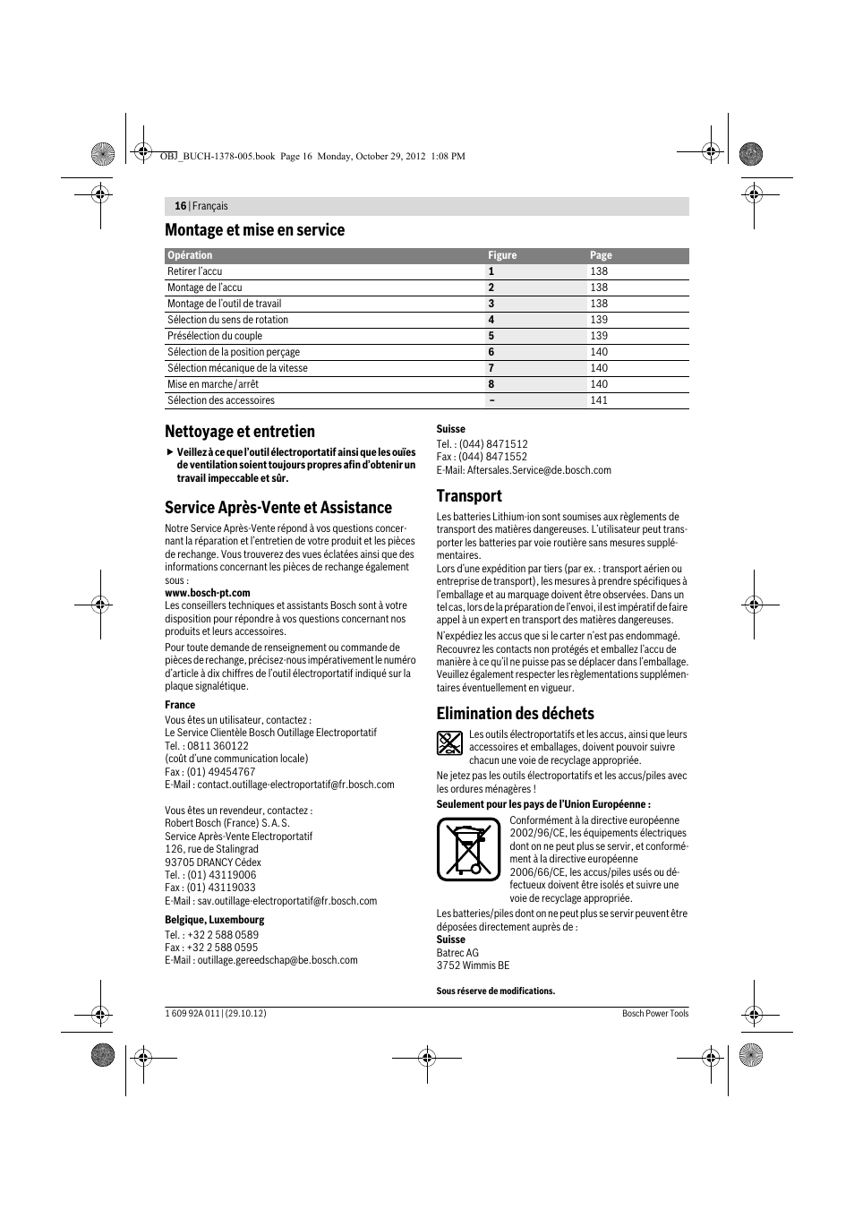 Montage et mise en service nettoyage et entretien, Service après-vente et assistance, Transport | Elimination des déchets | Bosch GSR 1800-LI Professional User Manual | Page 16 / 141