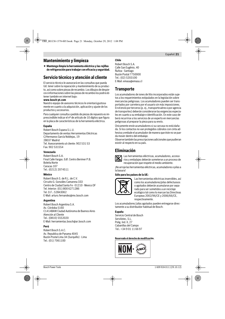 Mantenimiento y limpieza, Servicio técnico y atención al cliente, Transporte | Eliminación | Bosch GSR 1800-LI Professional User Manual | Page 21 / 141