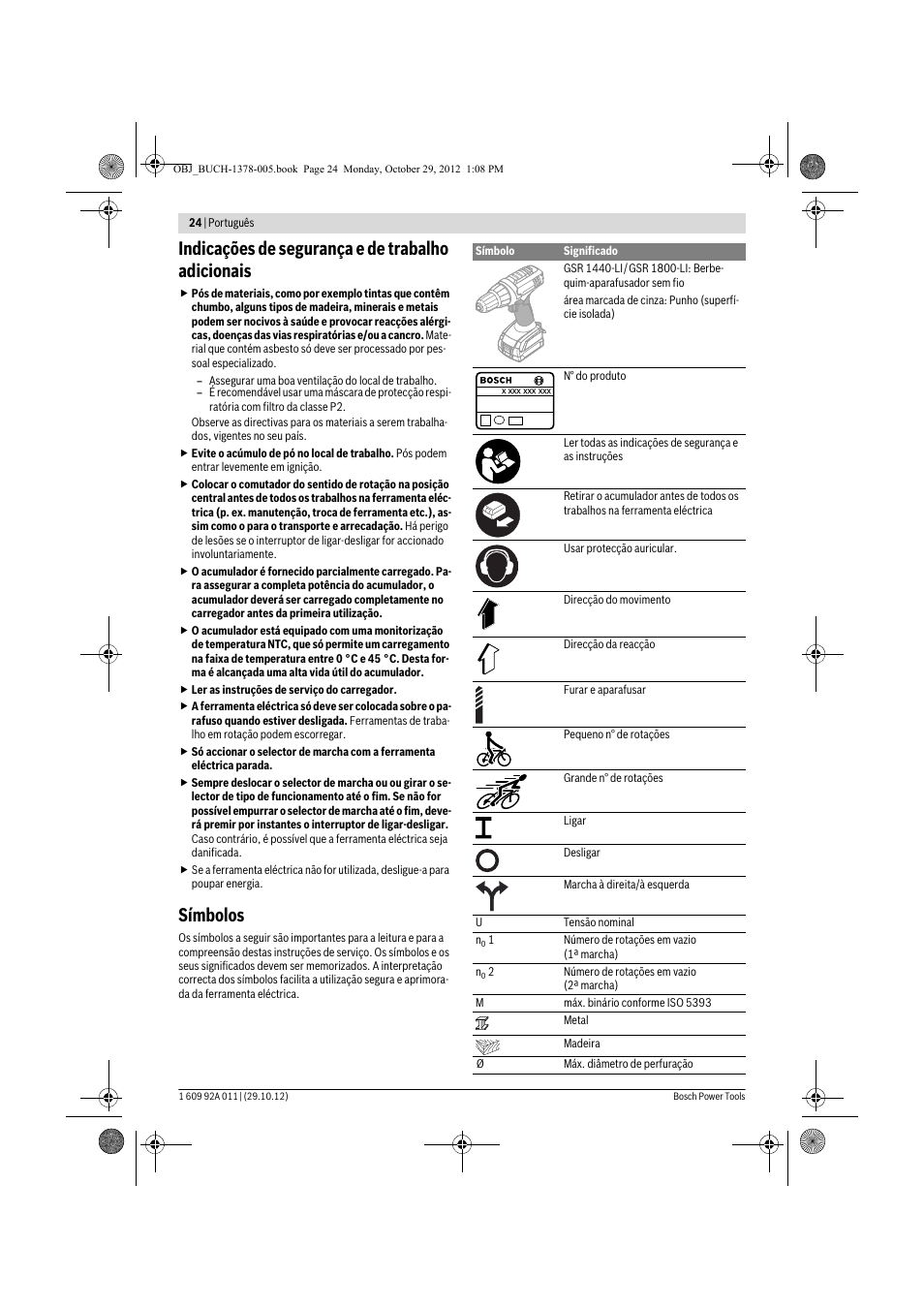 Indicações de segurança e de trabalho adicionais, Símbolos | Bosch GSR 1800-LI Professional User Manual | Page 24 / 141