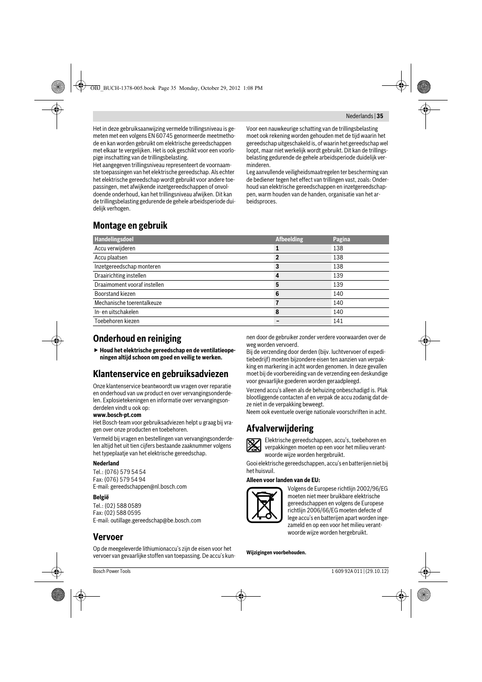 Montage en gebruik onderhoud en reiniging, Klantenservice en gebruiksadviezen, Vervoer | Afvalverwijdering | Bosch GSR 1800-LI Professional User Manual | Page 35 / 141