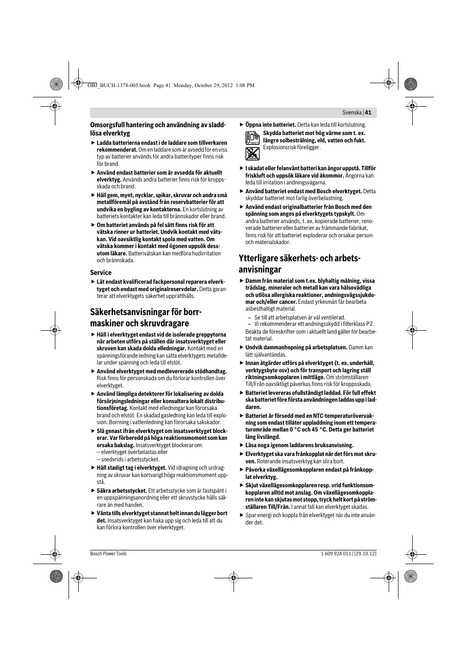Ytterligare säkerhets- och arbets- anvisningar | Bosch GSR 1800-LI Professional User Manual | Page 41 / 141