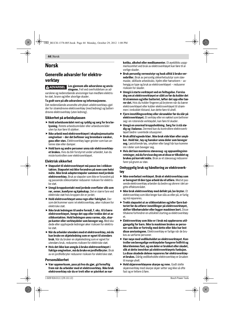 Norsk, Generelle advarsler for elektro- verktøy | Bosch GSR 1800-LI Professional User Manual | Page 44 / 141