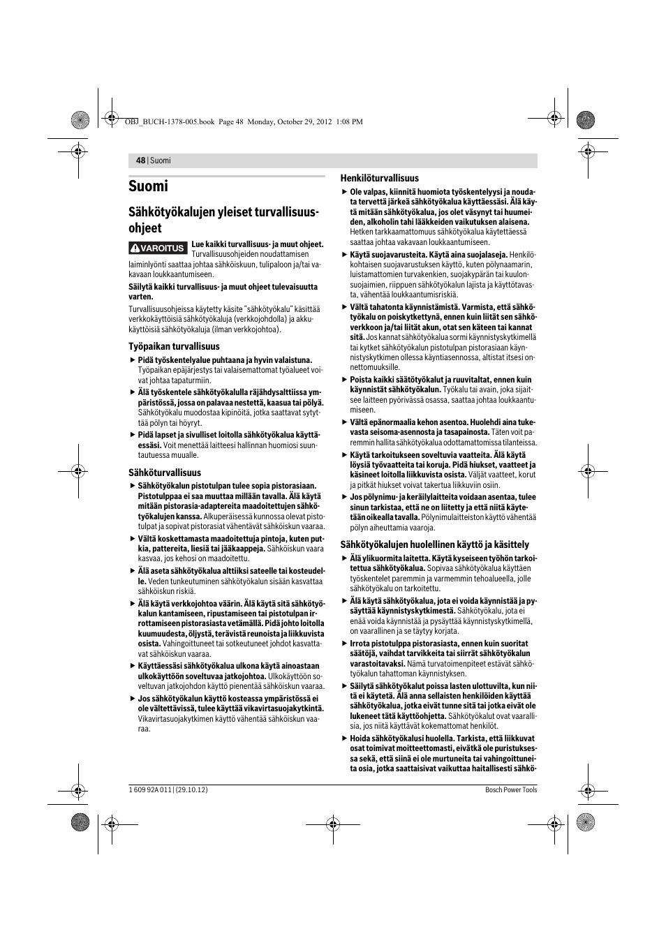 Suomi, Sähkötyökalujen yleiset turvallisuus- ohjeet | Bosch GSR 1800-LI Professional User Manual | Page 48 / 141