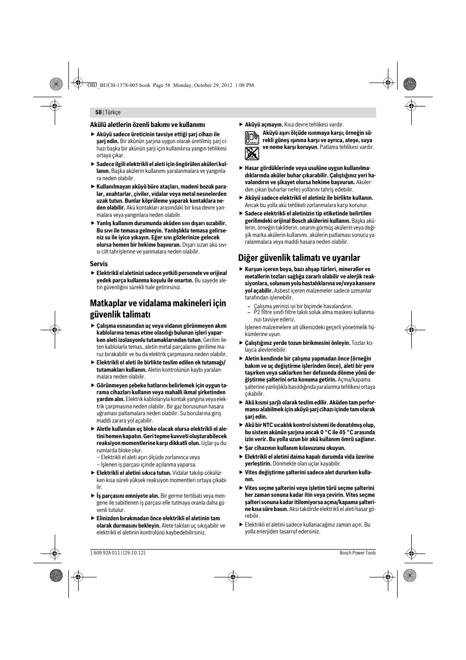 Diğer güvenlik talimatı ve uyarılar | Bosch GSR 1800-LI Professional User Manual | Page 58 / 141