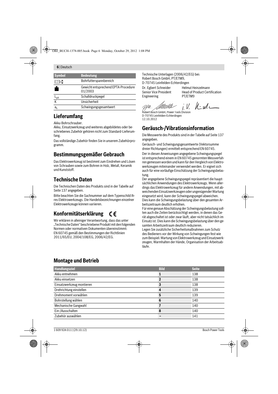 Lieferumfang, Bestimmungsgemäßer gebrauch, Technische daten | Konformitätserklärung, Geräusch-/vibrationsinformation, Montage und betrieb | Bosch GSR 1800-LI Professional User Manual | Page 6 / 141