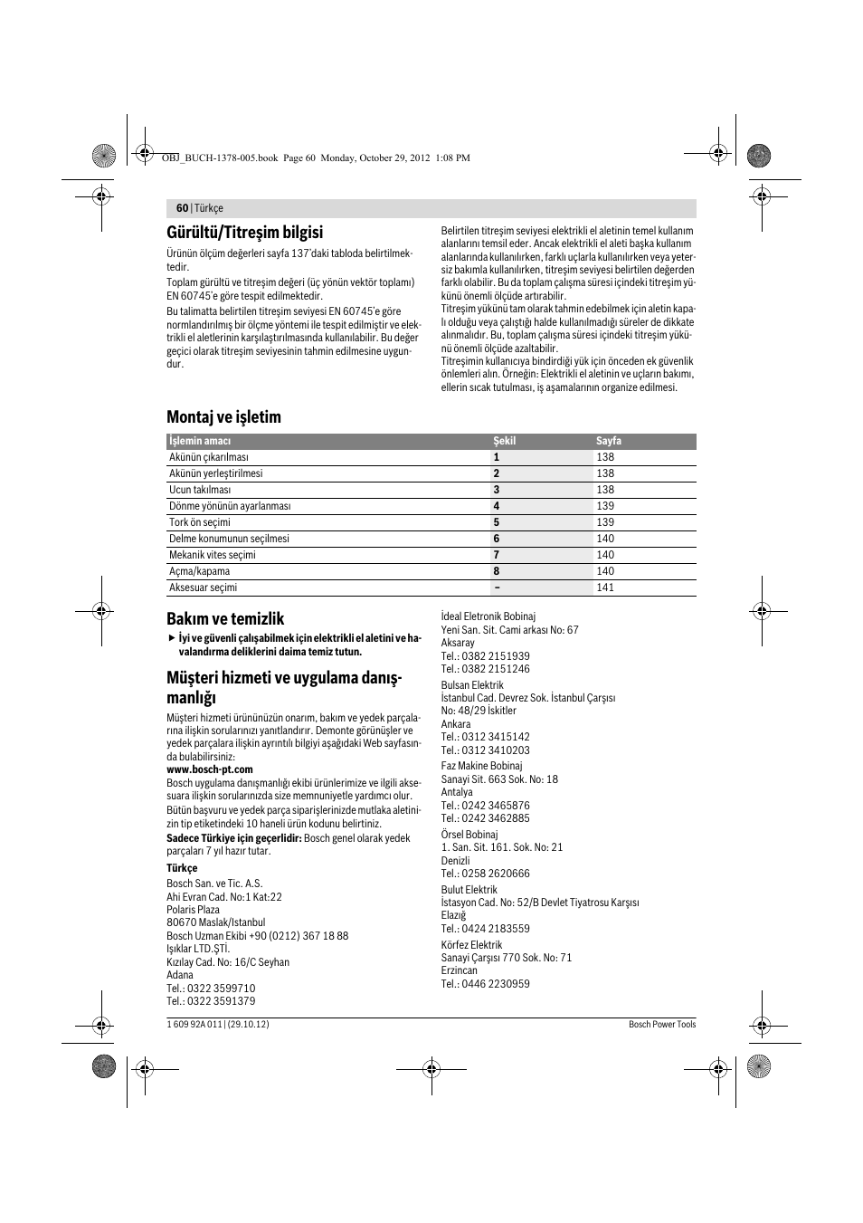 Gürültü/titreşim bilgisi, Montaj ve işletim bakım ve temizlik, Müşteri hizmeti ve uygulama danış- manlığı | Bosch GSR 1800-LI Professional User Manual | Page 60 / 141