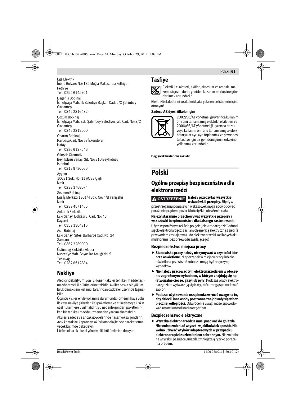 Polski, Nakliye, Tasfiye | Ogólne przepisy bezpieczeństwa dla elektronarzędzi | Bosch GSR 1800-LI Professional User Manual | Page 61 / 141