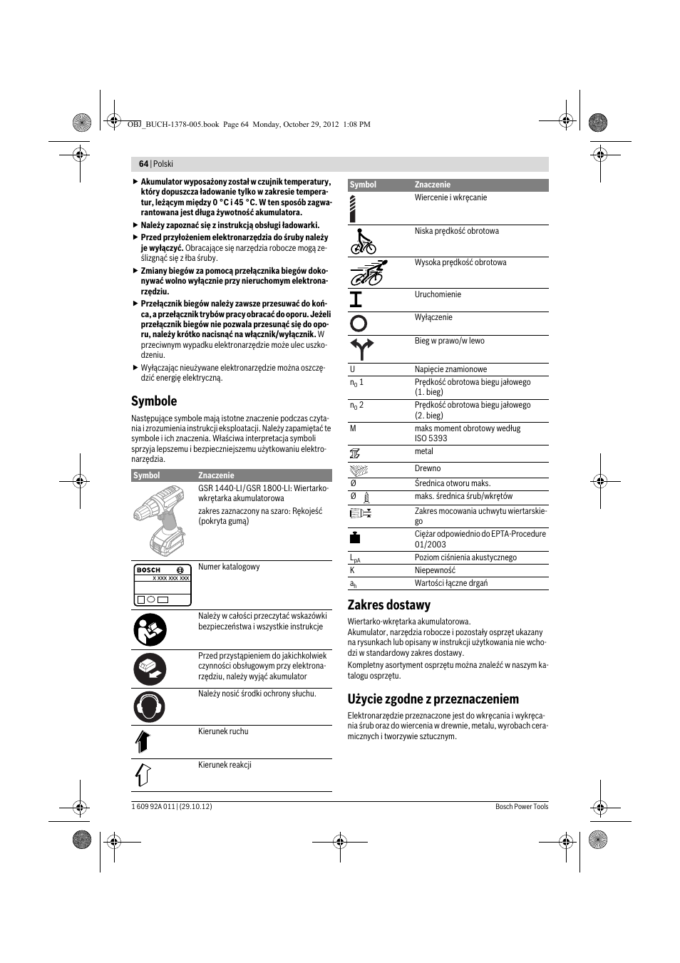 Symbole, Zakres dostawy, Użycie zgodne z przeznaczeniem | Bosch GSR 1800-LI Professional User Manual | Page 64 / 141