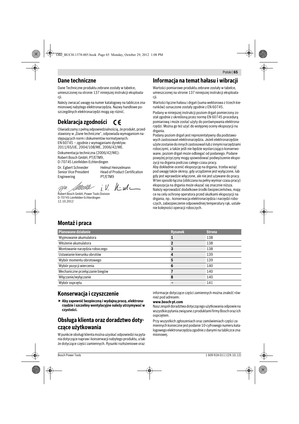 Dane techniczne, Deklaracja zgodności, Informacja na temat hałasu i wibracji | Montaż i praca konserwacja i czyszczenie | Bosch GSR 1800-LI Professional User Manual | Page 65 / 141
