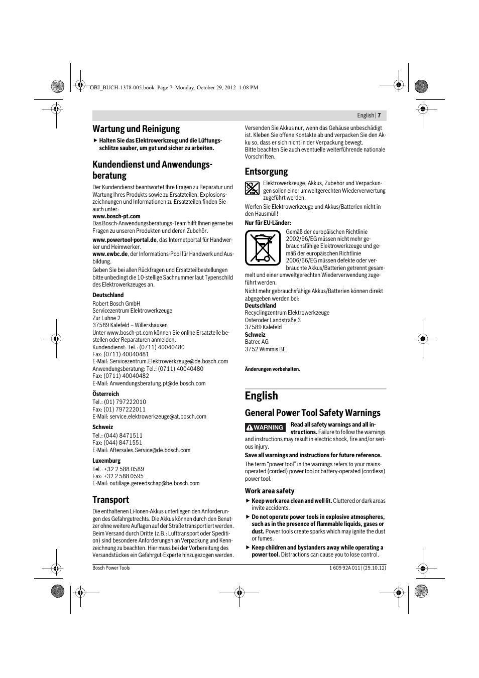 English, Wartung und reinigung, Kundendienst und anwendungs- beratung | Transport, Entsorgung, General power tool safety warnings | Bosch GSR 1800-LI Professional User Manual | Page 7 / 141
