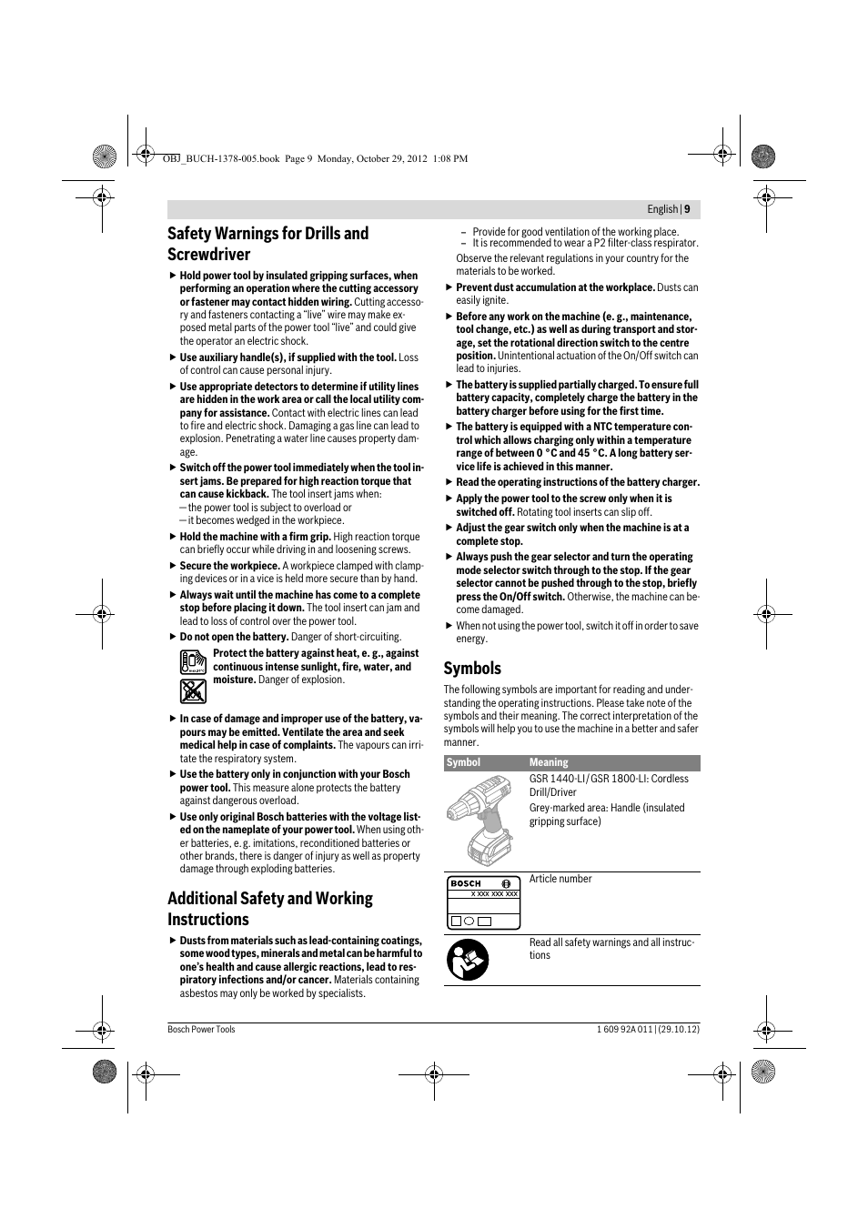 Safety warnings for drills and screwdriver, Additional safety and working instructions, Symbols | Bosch GSR 1800-LI Professional User Manual | Page 9 / 141