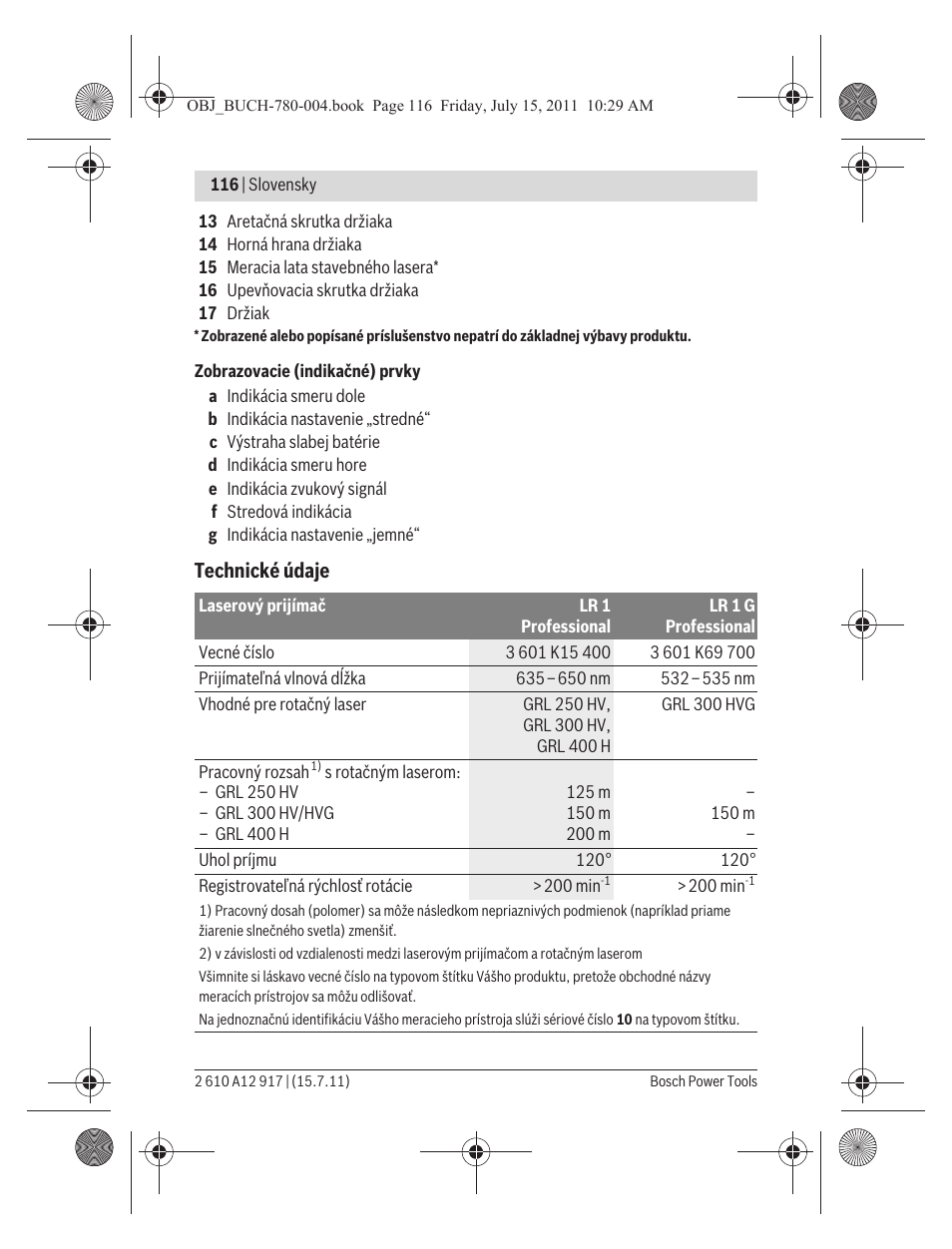 Technické údaje | Bosch LR 1 Professional User Manual | Page 116 / 232