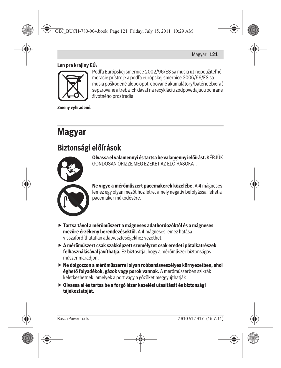 Magyar, Biztonsági előírások | Bosch LR 1 Professional User Manual | Page 121 / 232