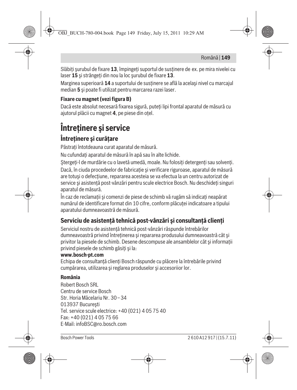 Întreţinere şi service | Bosch LR 1 Professional User Manual | Page 149 / 232