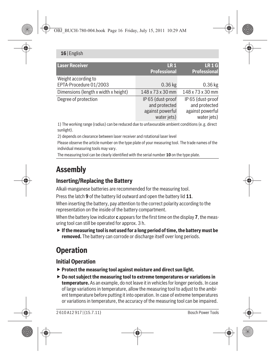 Assembly, Operation | Bosch LR 1 Professional User Manual | Page 16 / 232