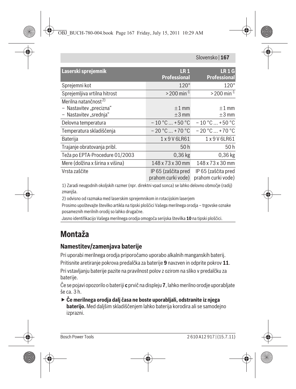 Montaža | Bosch LR 1 Professional User Manual | Page 167 / 232