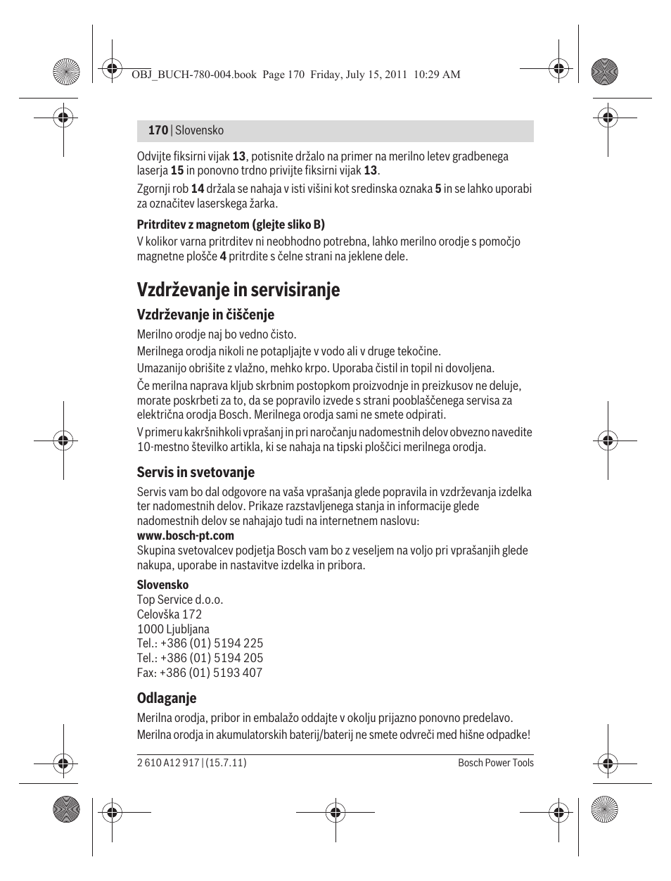 Vzdrževanje in servisiranje | Bosch LR 1 Professional User Manual | Page 170 / 232