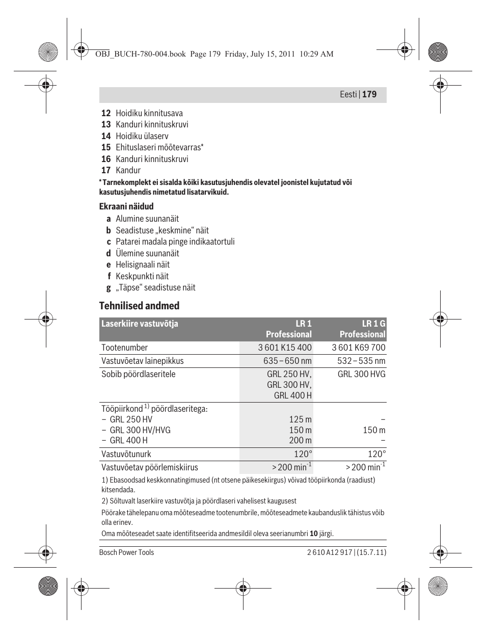 Tehnilised andmed | Bosch LR 1 Professional User Manual | Page 179 / 232