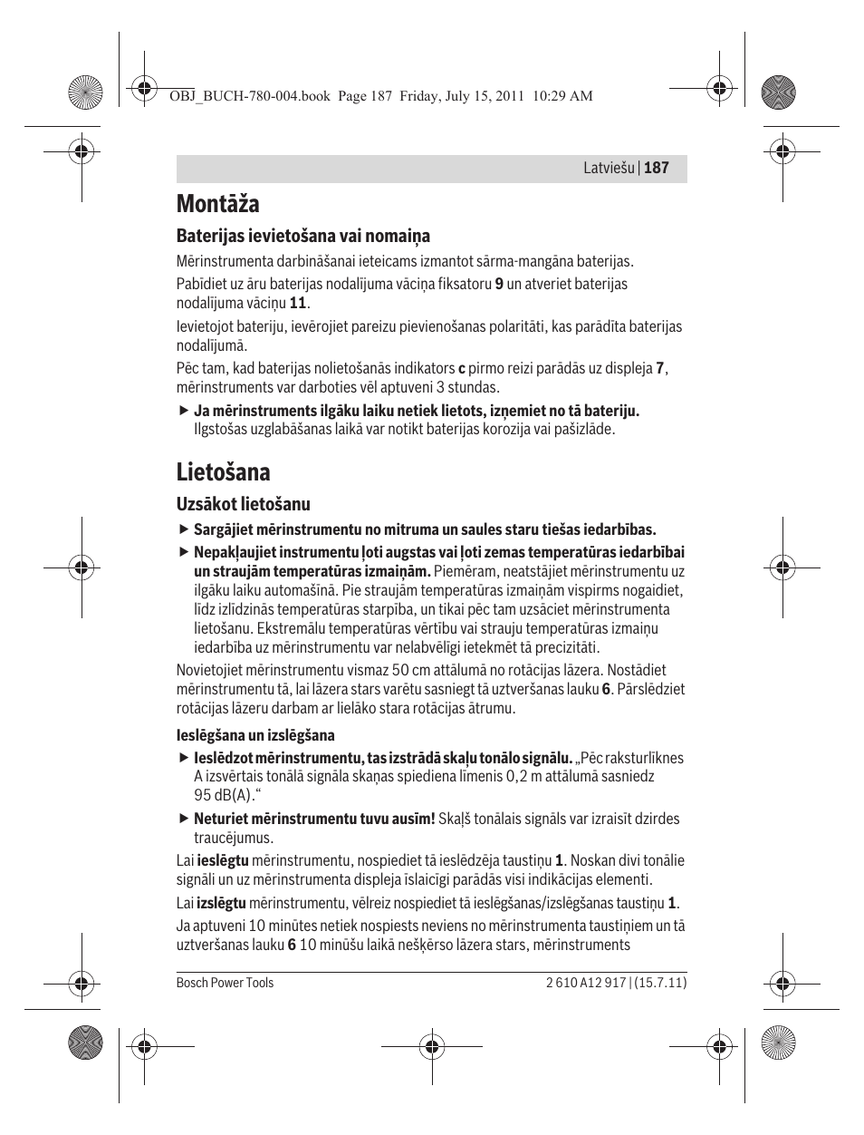 Montāža, Lietošana | Bosch LR 1 Professional User Manual | Page 187 / 232